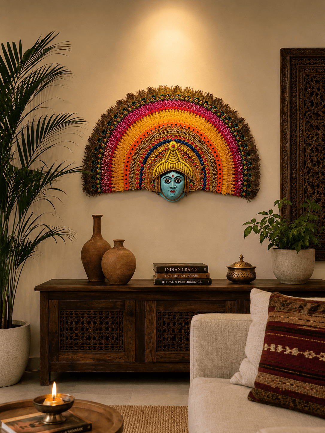 Maskriti cultural wall decor mask in an interior space